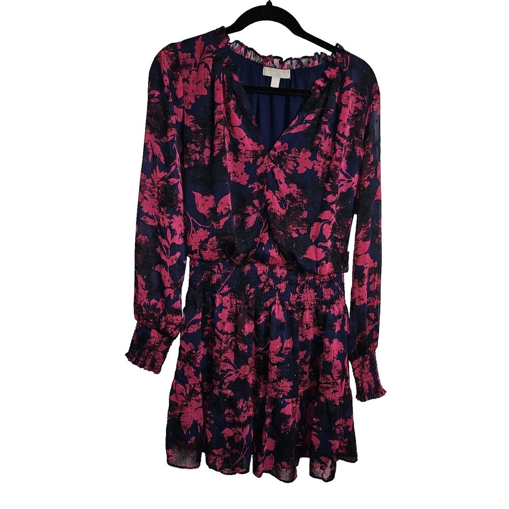 NEW Chelsea28 Dress Womens Medium Blue Floral Chiffon Fit & Flare Smocked Ruffle
